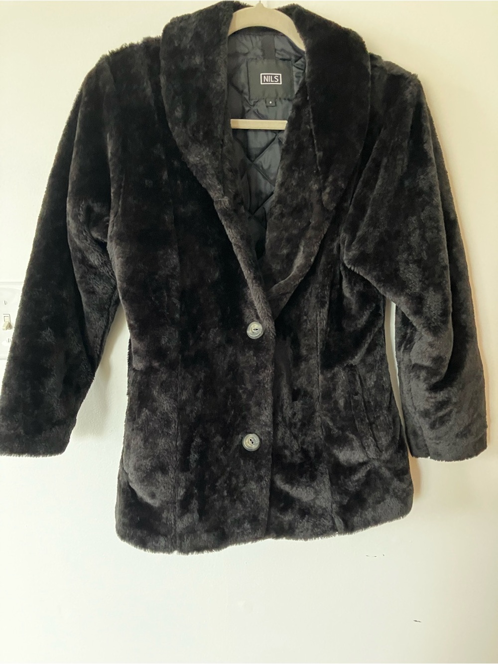 NILS Women’s Black Faux Fur Blazer Coat Button Front